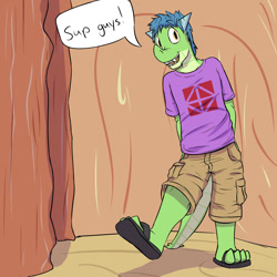 Size: 1280x1280 | Tagged: safe, artist:fuzebox, oc, oc only, oc:snort, anthro, dragon, plantigrade anthro, anthro oc, clothes, sandals, shirt, shorts, solo, speech bubble, t-shirt, teenaged dragon