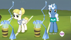 Size: 1024x576 | Tagged: safe, screencap, pokey pierce, sugar cookie, pegasus, pony, unicorn, equestria games (episode), equestria games, female, hair bun, hub logo, ice arrows, male, mare, stallion