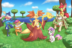 Size: 1350x900 | Tagged: safe, artist:paradigmpizza, apple bloom, scootaloo, sweetie belle, apple, chesnaught, crossover, cutie mark crusaders, delphox, greninja, pokémon