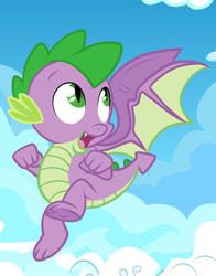 Size: 600x767 | Tagged: dead source, safe, artist:atomiclance, spike, dragon, flying, hilarious in hindsight, male, smiling, solo, spike can fly, winged spike, wings