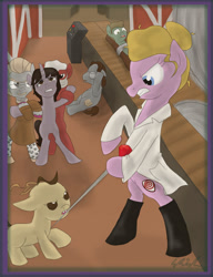 Size: 1024x1333 | Tagged: safe, artist:qemma, a series of unfortunate events, charles (lemony snicket), count olaf, dr. orwell, foreman flacutono, klaus baudelaire, ponified, shirley, sunny baudelaire, the bald headed man, violet baudelaire