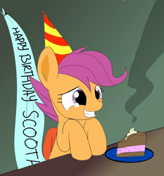 Size: 918x984 | Tagged: safe, artist:arcum42, artist:mcsadat, scootaloo, alone, birthday, cake, colored, happy birthday to me, sad, scootalone, scootasad, solo