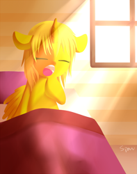 Size: 1419x1800 | Tagged: safe, artist:sion, oc, oc only, oc:ticket, alicorn, pony, alicorn oc, bed, eyes closed, morning, solo, waking up, window, yawn