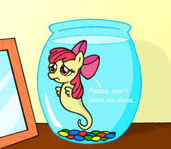 Size: 573x500 | Tagged: safe, artist:manulis, apple bloom, sea pony, adorabloom, cute, fishbowl, lonely, sad, solo, species swap