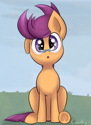 Size: 1024x1414 | Tagged: safe, artist:cuckooparty, scootaloo, feather, implied rainbow dash, solo