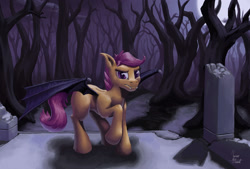 Size: 1800x1216 | Tagged: safe, artist:zevironmoniroth, scootaloo, bat pony, pony, bat ponified, fangs, forest, scootabat