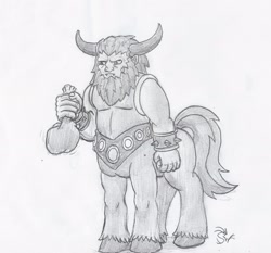 Size: 2308x2151 | Tagged: safe, artist:sensko, lord tirek, tirac, centaur, g1, black and white, grayscale, male, monochrome, pencil drawing, solo, spiked wristband, tirac's bag, traditional art, wristband