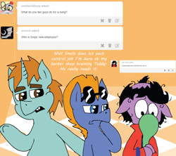 Size: 900x800 | Tagged: safe, artist:apartment2bmod, snips, teddy, oc, earth pony, pony, unicorn, g1, my little pony tales, ask, ask adult snips and snails, barber, hair, male, older, older snips, stallion, sunglasses, tumblr