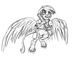 Size: 877x707 | Tagged: safe, artist:pantzar, oc, oc only, griffon, fallout equestria, monochrome, solo