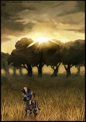 Size: 1000x1412 | Tagged: safe, artist:cosmicunicorn, zecora, zebra, female, grass, looking at you, mare, savanna, scenery, sky, solo, sun, sunset