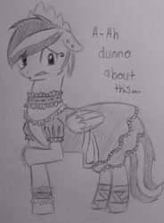 Size: 1887x2560 | Tagged: safe, artist:yoruneko, oc, oc only, clothes, crossdressing, dress, grayscale, maid, monochrome, shoes, sketch, solo, text, traditional art