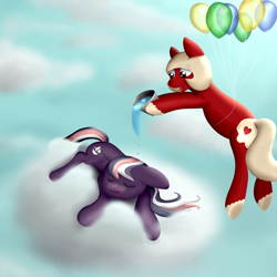 Size: 3200x3200 | Tagged: safe, artist:farondk, oc, oc only, oc:red-velvet, oc:starship, balloon, bucket, high res