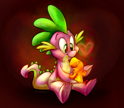 Size: 1042x907 | Tagged: safe, artist:thedoggygal, peewee, spike, dragon, phoenix, heart