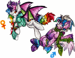 Size: 1857x1424 | Tagged: safe, artist:iroxykun, oc, oc only, oc:daydream, oc:lucid wing, bat pony, pegasus, pony, cutie mark, female, male, mare, rainbow, stallion, wings