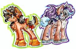 Size: 1664x1073 | Tagged: safe, artist:iroxykun, oc, oc only, oc:dream drop, oc:pop star, earth pony, pony, unicorn, cutie mark, female, horn, male, mare, siblings, stallion