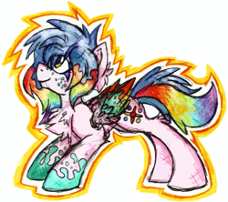 Size: 1081x962 | Tagged: safe, artist:iroxykun, oc, oc only, oc:cotton canvas, pegasus, pony, colored wings, cutie mark, female, freckles, mare, multicolored wings, rainbow, rainbow hair, rainbow wings, wings