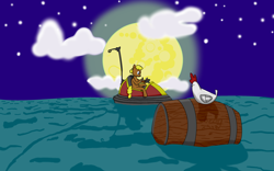 Size: 3000x1875 | Tagged: safe, artist:scribbleclash, chicken, barrel, grog, guybrush threepwood, kart, monkey island, moon, night, ocean, ponified