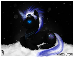 Size: 1159x901 | Tagged: safe, artist:tranquilmaelstrom, oc, oc only, oc:winter storm, alicorn, pony, alicorn oc, cloud, glowing eyes, glowing horn, goggles, male, night, piercing, solo, stallion