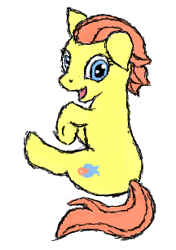 Size: 216x306 | Tagged: safe, artist:drizzlefag, oc, oc only, oc:drizzle spark, /mlp/, cute, flockmod, floppy ears, looking at you, looking back, open mouth, sitting, smiling, solo, underhoof