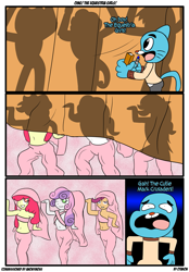 Size: 1211x1740 | Tagged: safe, artist:otakon, apple bloom, scootaloo, sweetie belle, equestria girls, bandeau, belly button, belly dancer, clean, comic, crossover, gumball watterson, midriff, the amazing world of gumball