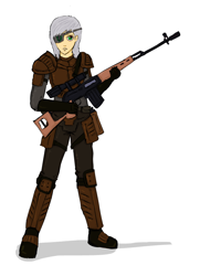 Size: 650x900 | Tagged: safe, artist:glue123, oc, oc only, oc:proverb, human, fallout equestria, clothes, dead city rangers, eyepatch, humanized, m1911, sniperskya vintovka dragunova, solo