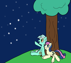 Size: 900x801 | Tagged: safe, artist:haxorus31, bon bon, lyra heartstrings, sweetie drops, night, stars, tree