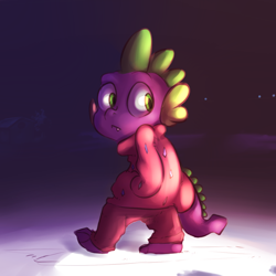 Size: 1024x1024 | Tagged: safe, artist:imsokyo, spike, dragon, clothes, daily life of spike, footprint, looking back, male, pajamas, snow, solo, sweater, tumblr