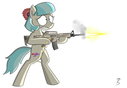 Size: 2300x1600 | Tagged: safe, artist:pandramodo, coco pommel, earth pony, pony, bipedal, gun, m4, missing accessory, rifle, shooting, simple background, solo, transparent background, weapon