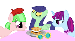 Size: 1278x705 | Tagged: safe, artist:pdorothynics, blueberry cake, drama letter, mystery mint, watermelody, earth pony, pegasus, pony, unicorn, background human, base used, beret, clothes, equestria girls ponified, glasses, plate, ponified, s'mores, scarf