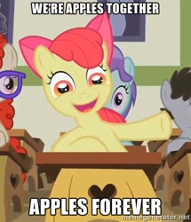 Size: 430x500 | Tagged: safe, apple bloom, apples to the core, creepy, image macro, meme, song reference