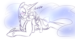 Size: 1280x678 | Tagged: safe, artist:azure-doodle, nightmare moon, oc, oc:aero ruinwing, pegasus, pony, blank flank, blushing, canon x oc, colt, eyes closed, heart, male, nicemare moon, nuzzling, prone, smiling, wink