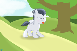 Size: 2500x1666 | Tagged: safe, artist:jettaarts, rumble, :p, cute, eyes closed, solo, tongue out, tree