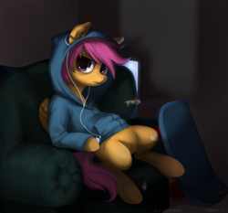 Size: 2163x2015 | Tagged: safe, artist:purmu, scootaloo, anthro, bandaid, clothes, earbuds, hoodie, older, scooter, sitting, sofa, solo