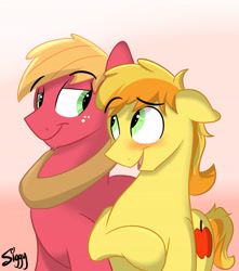 Size: 3972x4496 | Tagged: safe, artist:siggyderp, big macintosh, braeburn, earth pony, pony, blushing, braemac, cute, gay, incest, male, shipping, stallion, style emulation