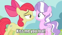 Size: 960x540 | Tagged: safe, apple bloom, diamond tiara, cloud, cloudy, diamondbloom, female, kissing, lesbian, pun, shipping, text