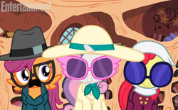 Size: 612x380 | Tagged: safe, screencap, apple bloom, scootaloo, sweetie belle, twilight time, clothes, costume, cutie mark crusaders, disguise, hat, moustache, parody, sunglasses