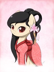 Size: 1152x1536 | Tagged: safe, artist:jdan-s, clothes, cytus, flower, flower in hair, kimono (clothing), looking at you, ponified, saika, smiling, solo