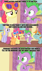 Size: 800x1350 | Tagged: safe, screencap, apple bloom, cloud kicker, scootaloo, snips, spike, dragon, for whom the sweetie belle toils, female, image macro, implied shipping, implied sparity, implied straight, male, meme, scene parody, straight