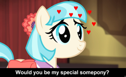 Size: 1600x973 | Tagged: safe, coco pommel, earth pony, pony, bronybait, caption, cocobetes, cs captions, cute, female, heart, love, mare, solo, special somepony