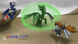 Size: 1920x1080 | Tagged: safe, artist:brab777, oc, oc only, oc:littlepip, alicorn, pegasus, pony, unicorn, fallout equestria, clothes, fanfic, fanfic art, female, gun, handgun, horn, little macintosh, machine gun, magic, mare, pipbuck, revolver, vault suit, weapon, zebra rifle