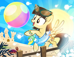 Size: 900x695 | Tagged: safe, artist:pixelkitties, wild fire, crab, pegasus, pony, beach, beach ball, floaty, inner tube, pixelkitties' brilliant autograph media artwork, sandcastle, sibsy, solo, sun, sunglasses