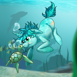 Size: 1100x1100 | Tagged: safe, artist:moviemutt, oc, oc only, pony, turtle, unicorn, :t, blushing, boop, bubble, cute, floppy ears, noseboop, puffy cheeks, smiling, underwater