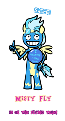 Size: 437x810 | Tagged: safe, artist:greenlinzerd, misty fly, anthro, badge, caption, my little boneheads, simple background, solo, transparent background, wonderbolts uniform