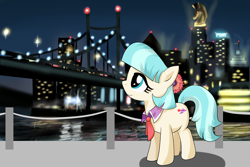 Size: 1920x1280 | Tagged: safe, artist:nekokevin, coco pommel, earth pony, pony, bridge, building, city, crystaller building, female, flower, flower in hair, lights, looking up, manehattan, mare, night, pony (sony), smiling, solo, standing