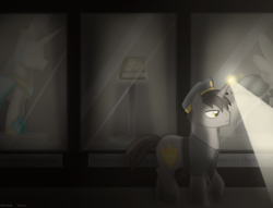 Size: 1092x833 | Tagged: safe, artist:faith-wolff, oc, oc:high beam, pony, unicorn, fanfic:the bridge, clothes, crossover, glowing horn, guard, male, museum, night guard, solo, stallion, uniform