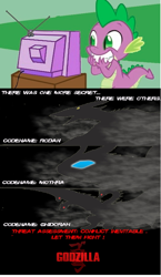 Size: 522x900 | Tagged: safe, artist:avgk04, spike, dragon, kaiju, comic, exploitable meme, godzilla (series), godzilla 2014, godzilla 2014 sequel, king ghidorah, meme, mothra, obligatory pony, rodan, sdcc 2014, tv meme