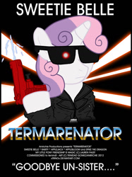 Size: 800x1067 | Tagged: safe, artist:ladyanidraws, sweetie belle, sweetie bot, pony, robot, unicorn, female, filly, foal, hooves, horn, parody, solo, sunglasses, terminator, text, water pistol