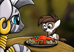 Size: 1754x1240 | Tagged: safe, artist:rambopvp, pipsqueak, zecora, earth pony, pony, zebra, colt, cute, female, male, meatballs, pipsqueak eating spaghetti, ponies eating meat, spaghetti