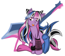 Size: 804x693 | Tagged: safe, artist:fourze-pony, earth pony, pony, askgundhampony, clothes, crossover, cute, danganronpa, danganronpa 2, female, guitar, ibuki mioda, mare, multicolored hair, not twilight sparkle, ponified, solo, stockings, tumblr comic, wild