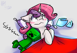 Size: 1872x1285 | Tagged: safe, artist:suplolnope, sweetie belle, blanket, creeper, crossover, minecraft, pillow, sleeping